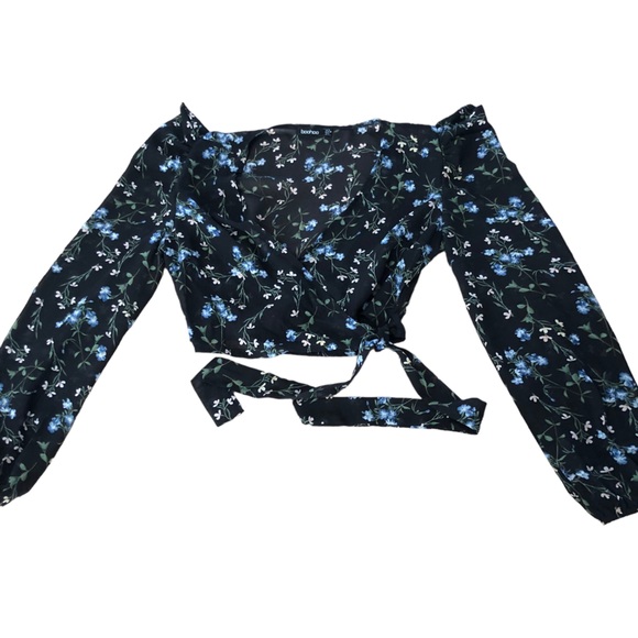 Boohoo WOVEN FLORAL PUFF SLEEVE WRAP BLOUSE SZ 6 - Picture 5 of 14